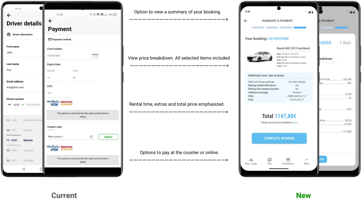 Current driver details and payment screens compared with the redesigned booking summary and payment flow