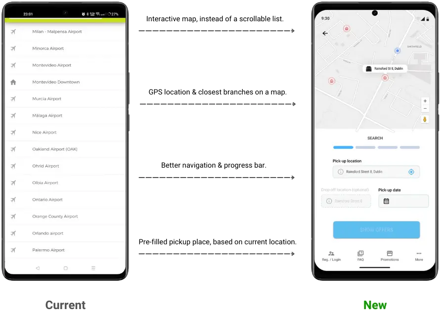 Current airport list and redesigned map-based car rental search screens compared