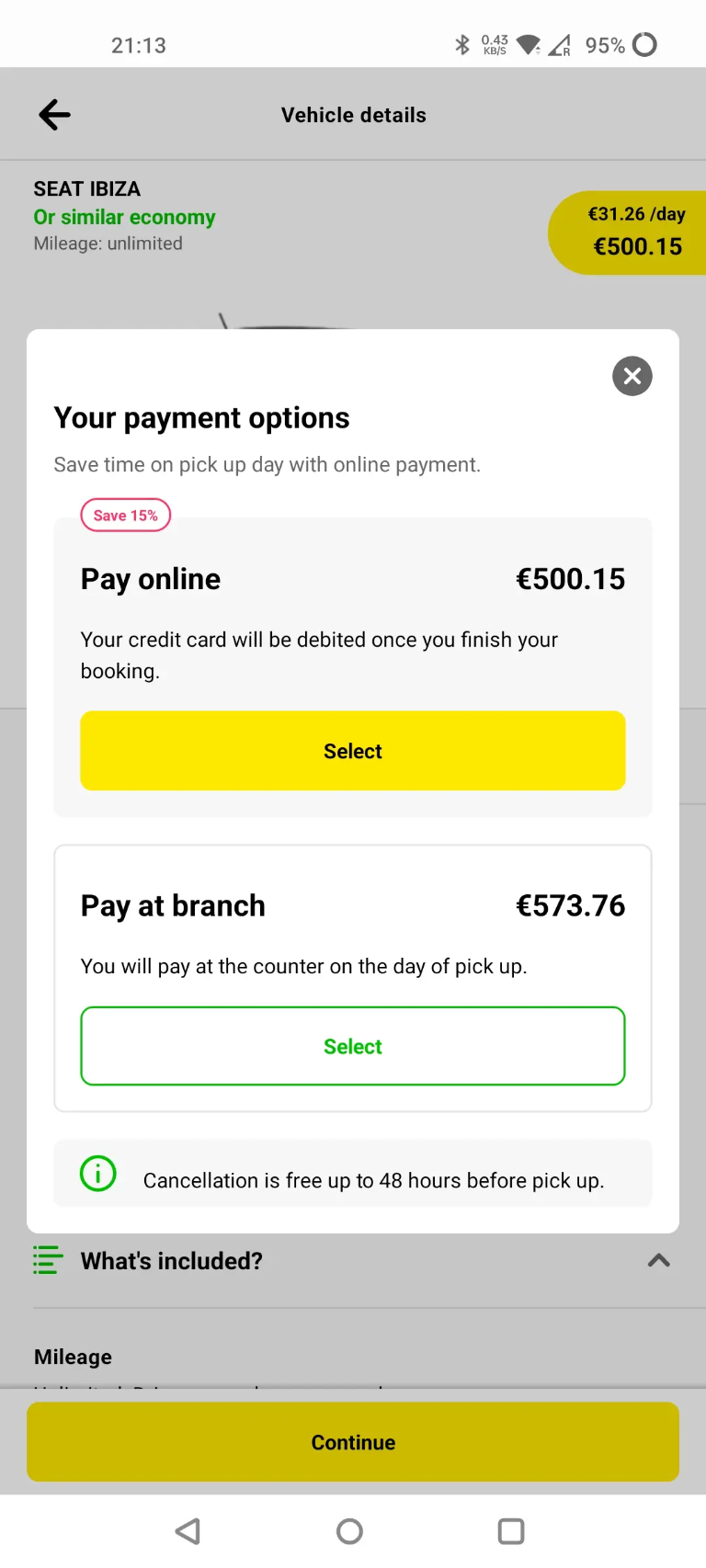 Car rental payment screen advertising a 15% online-payment discount, with €500.15 online and €573.76 at-branch prices