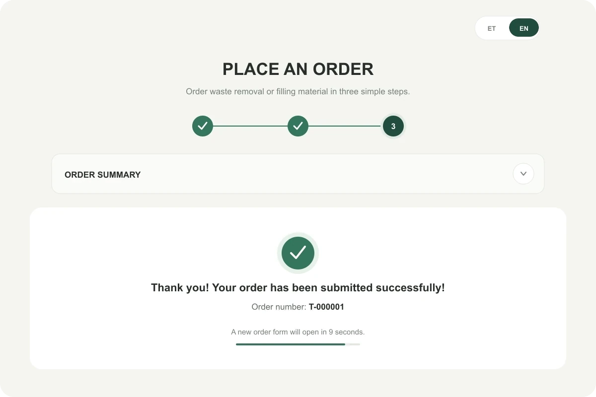 Successful order screen with a green checkmark, order number T-000001, and a countdown before the form resets