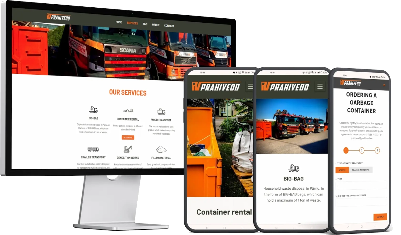 PrahiVeod waste disposal website displayed across desktop and mobile screens